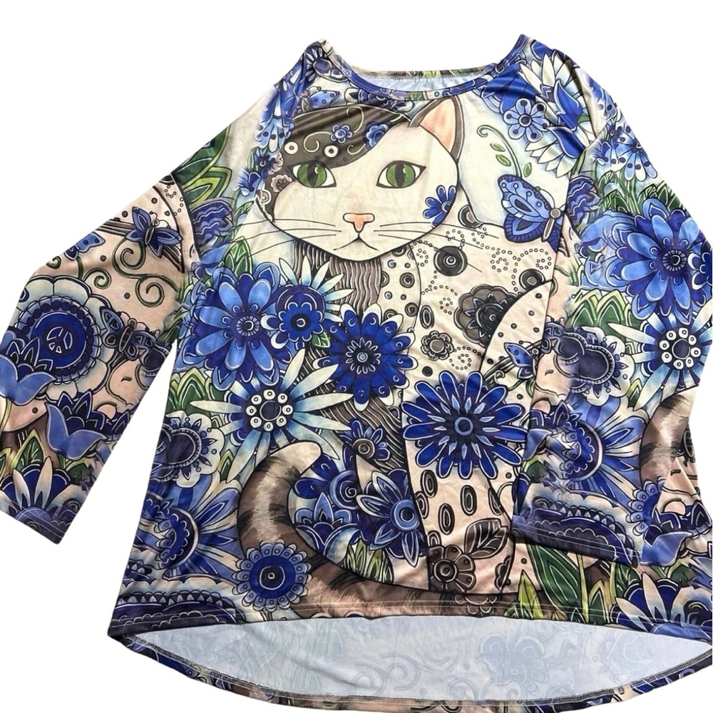 Womens Blue Cats Allover Graphic Top 4XL Casual Colorful Artsy Art to‎ Wear